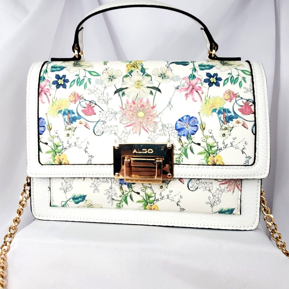 Aldo Floral White Top-Handle Crossbody Bag Gold Chain Strap *READ* - Picture 3 of 12